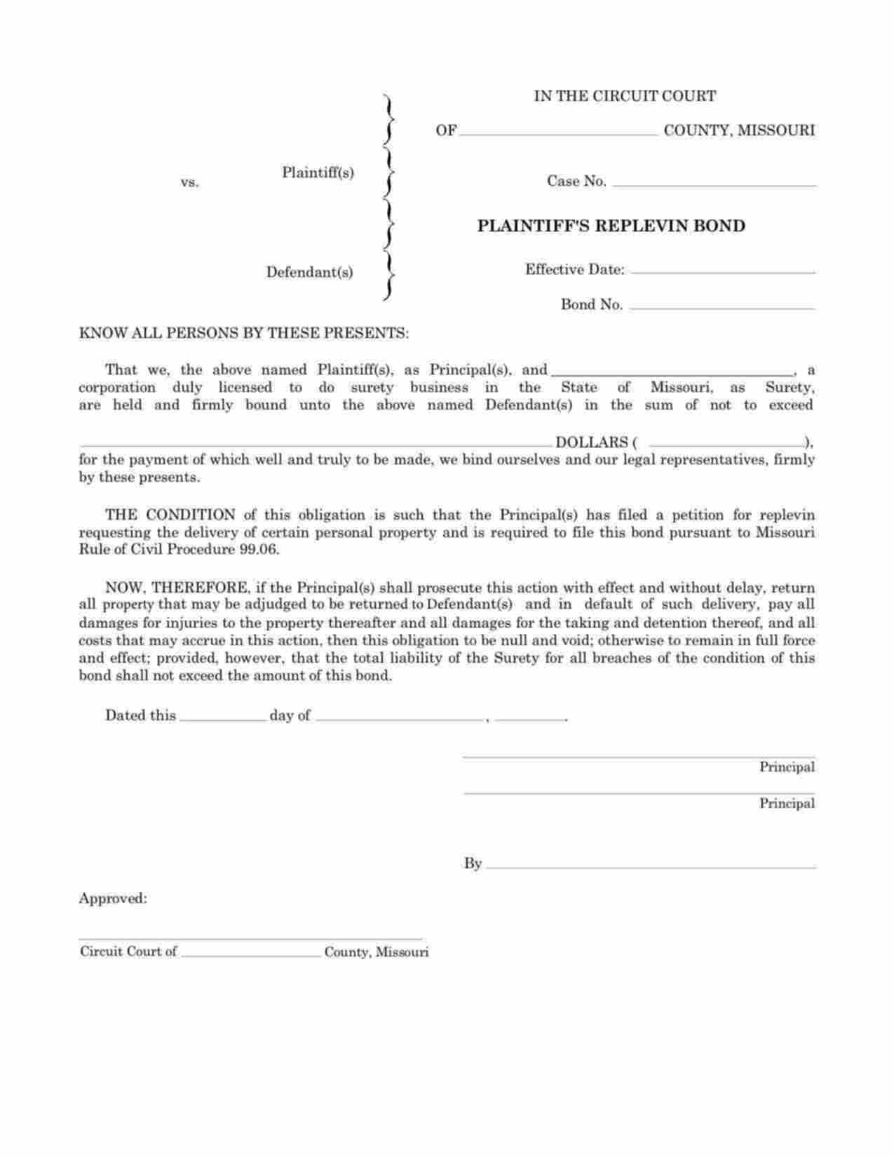 Missouri Plaintiffs Replevin Bond Form
