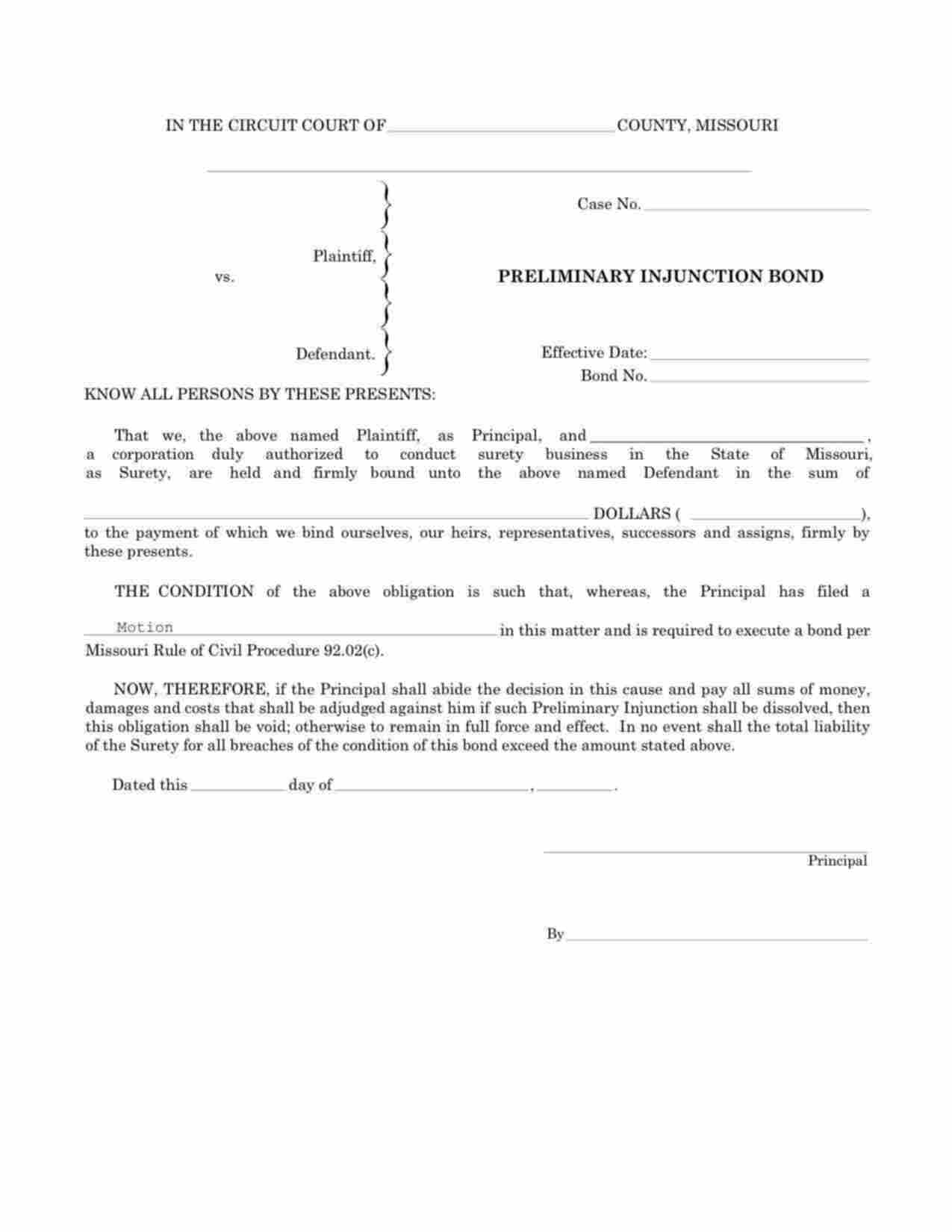 Missouri Preliminary Injunction Bond Form