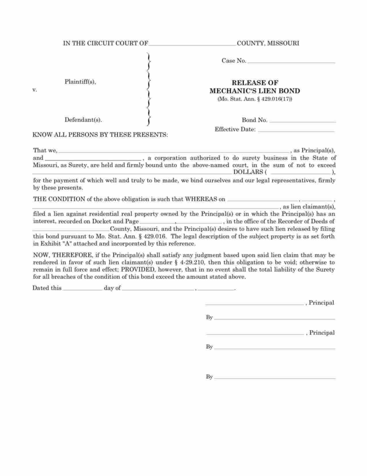 Missouri Release of Mechanics Lien Bond Form