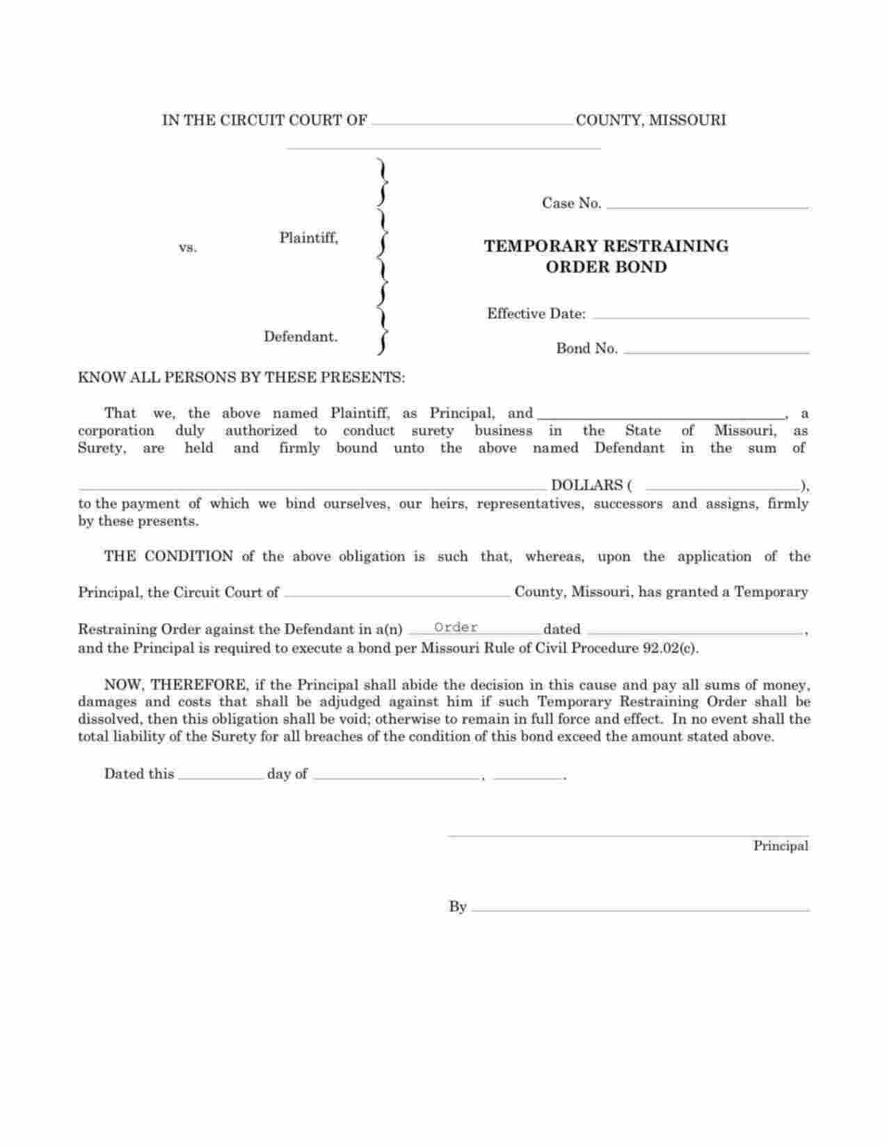 Missouri Temporary Restraining Order Bond Form