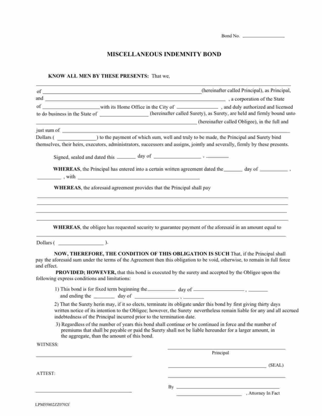 Federal ESI Network Miscellaneous Indemnity Bond Form
