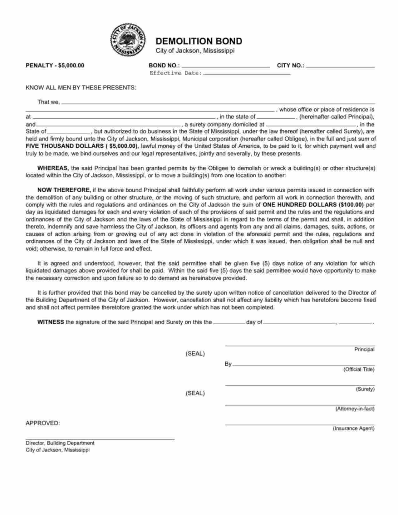 Mississippi Demolition Bond Form