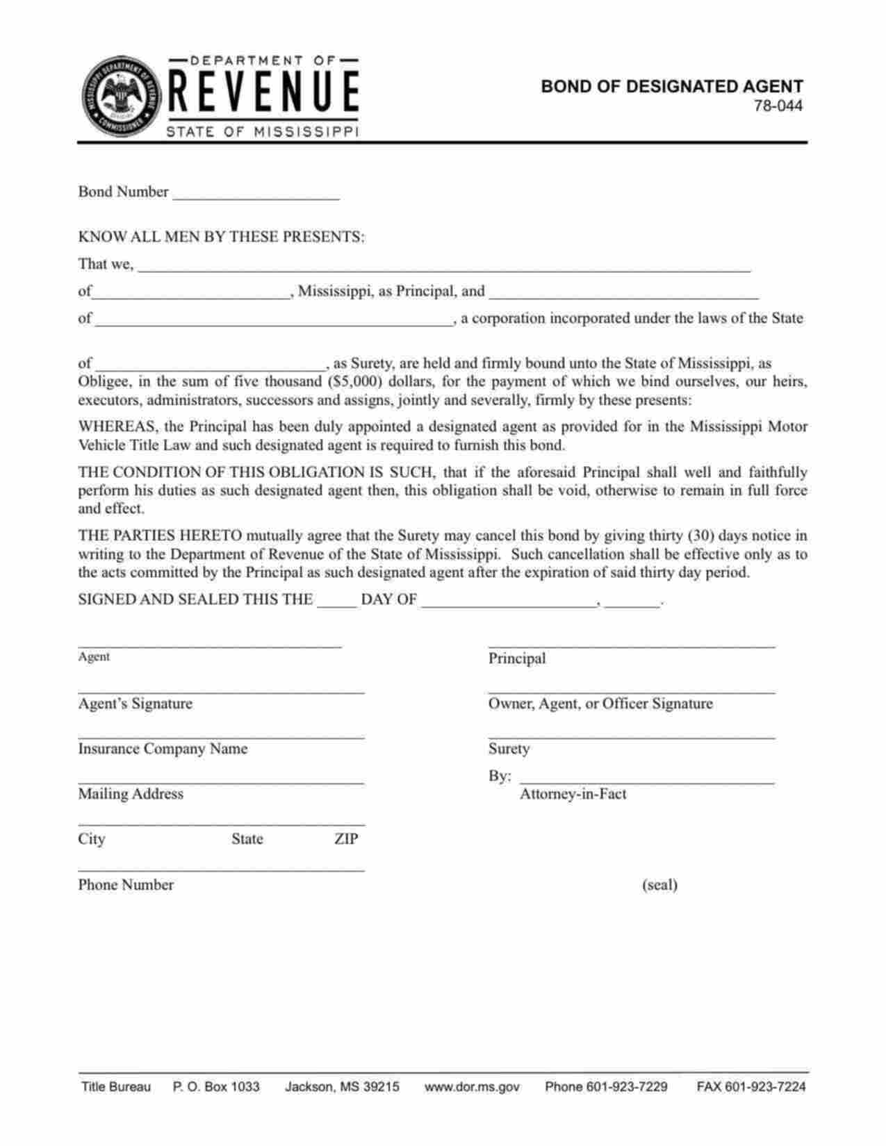 Mississippi Designated Agent Bond Form