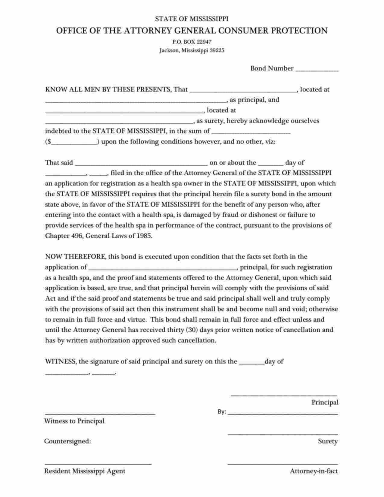 Mississippi Health Spa Bond Form