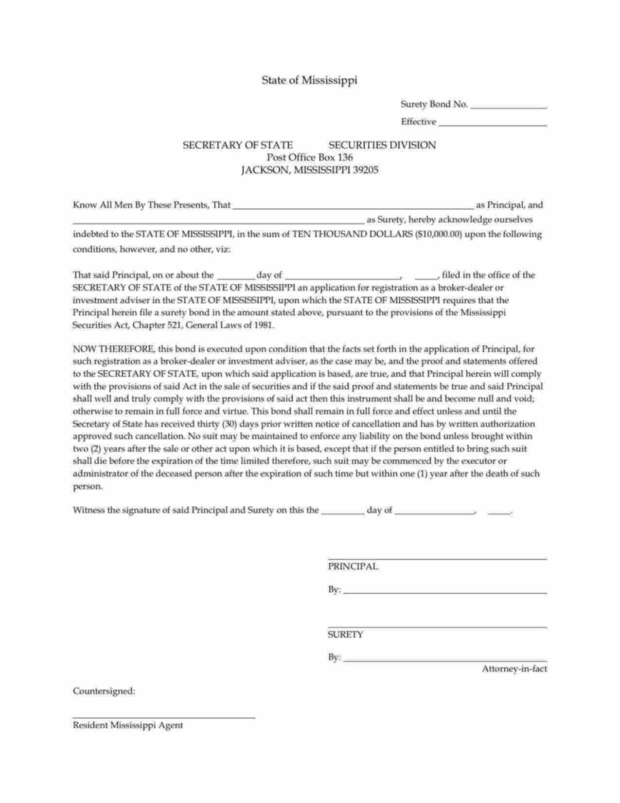 Mississippi Broker-Dealer or Investment Adviser Bond Form