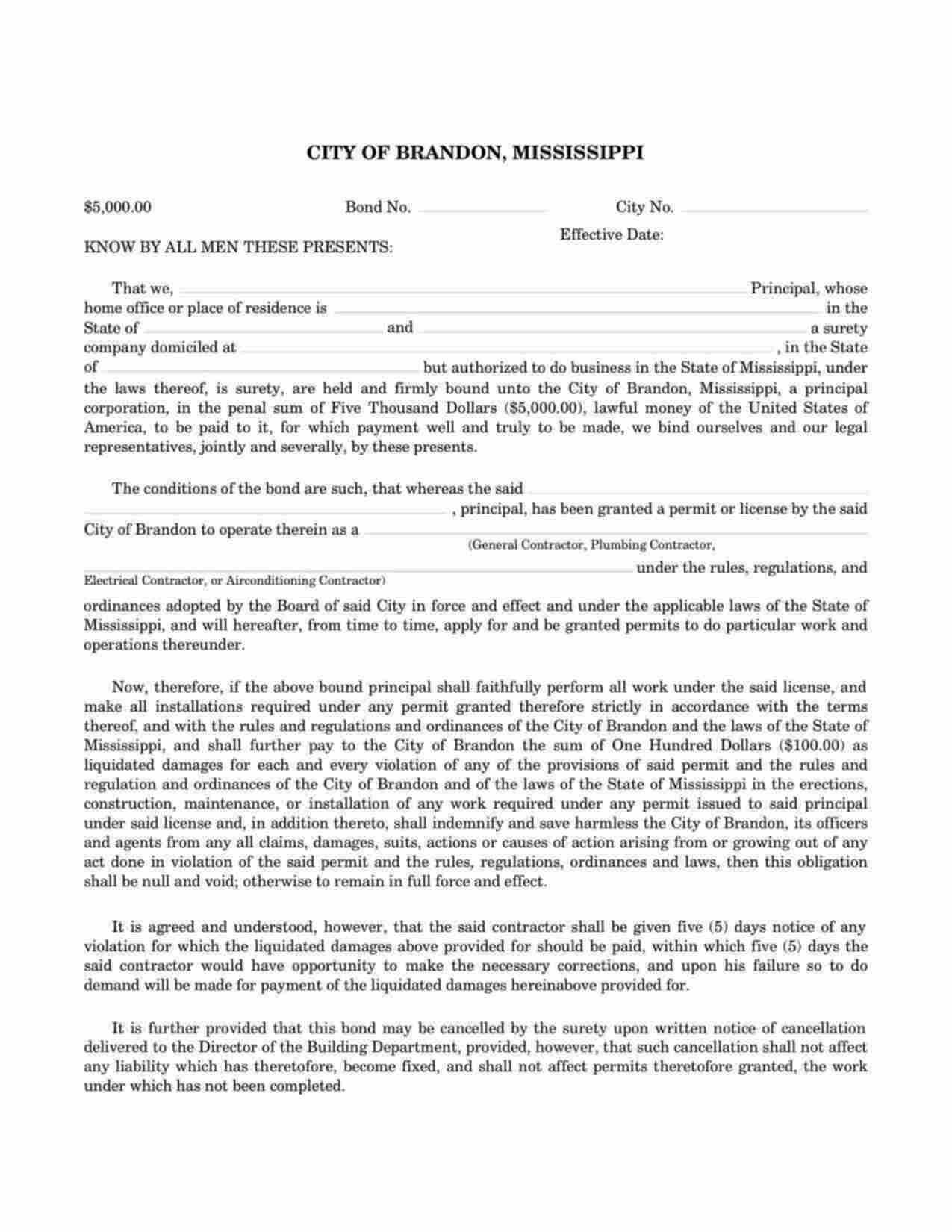 Mississippi Air Conditioning Contractor Bond Form