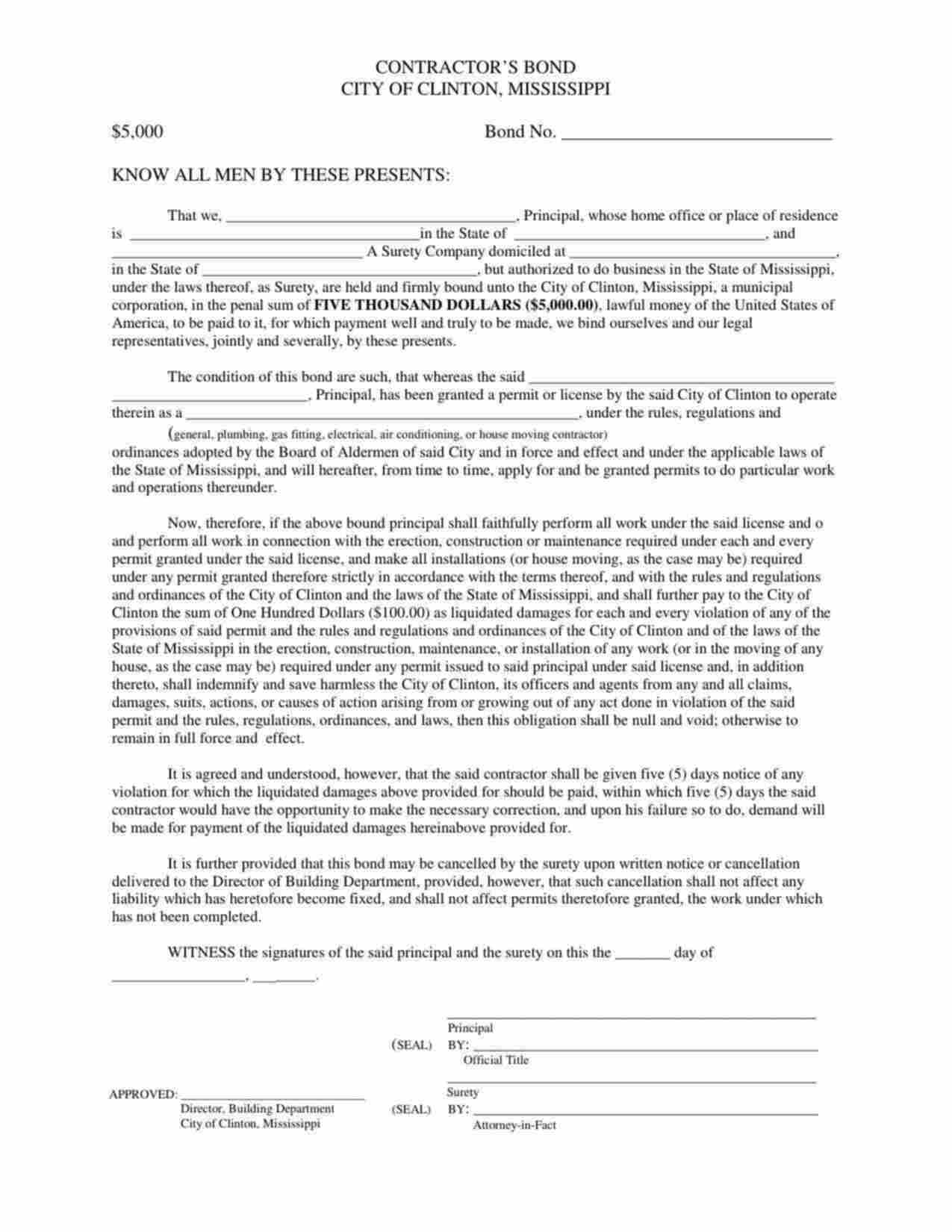 Mississippi House Moving Contractor Bond Form