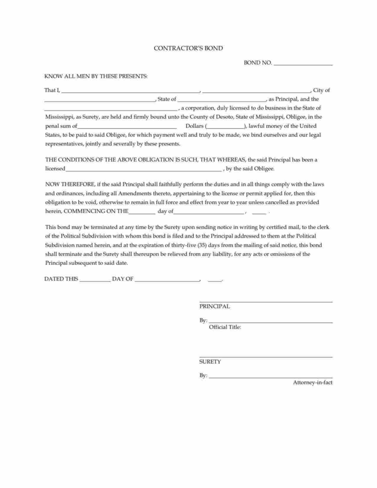 Mississippi License/Permit Bond Form