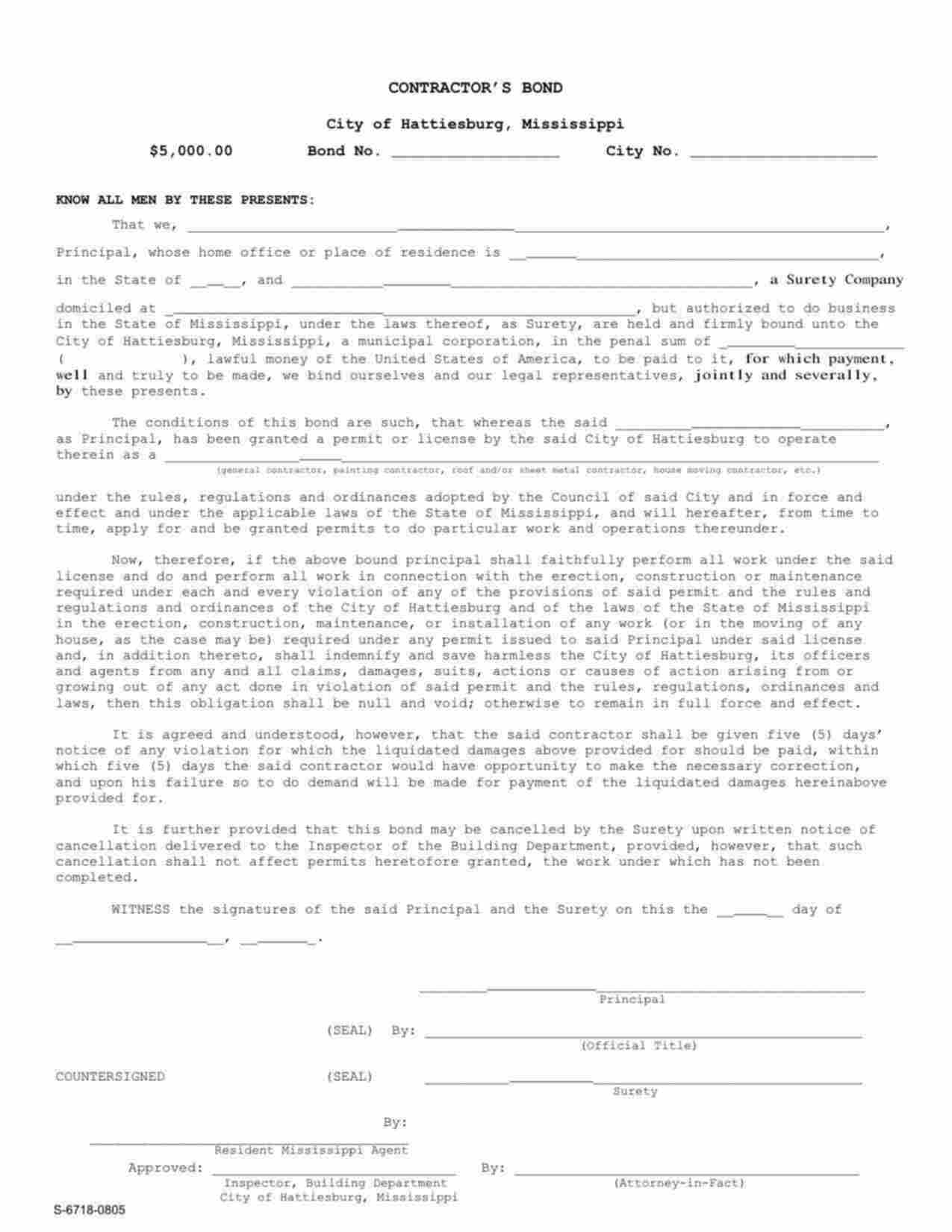 Mississippi Roof and/or Sheet Metal Contractor Bond Form