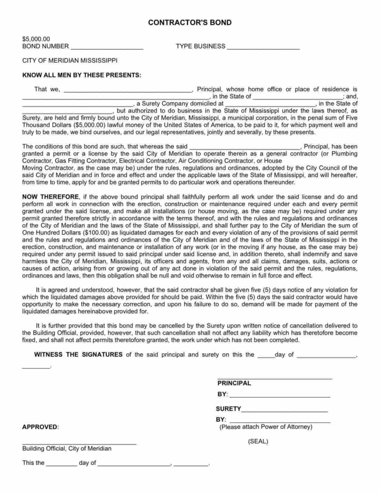 Mississippi Gas Fitting Contractor Bond Form