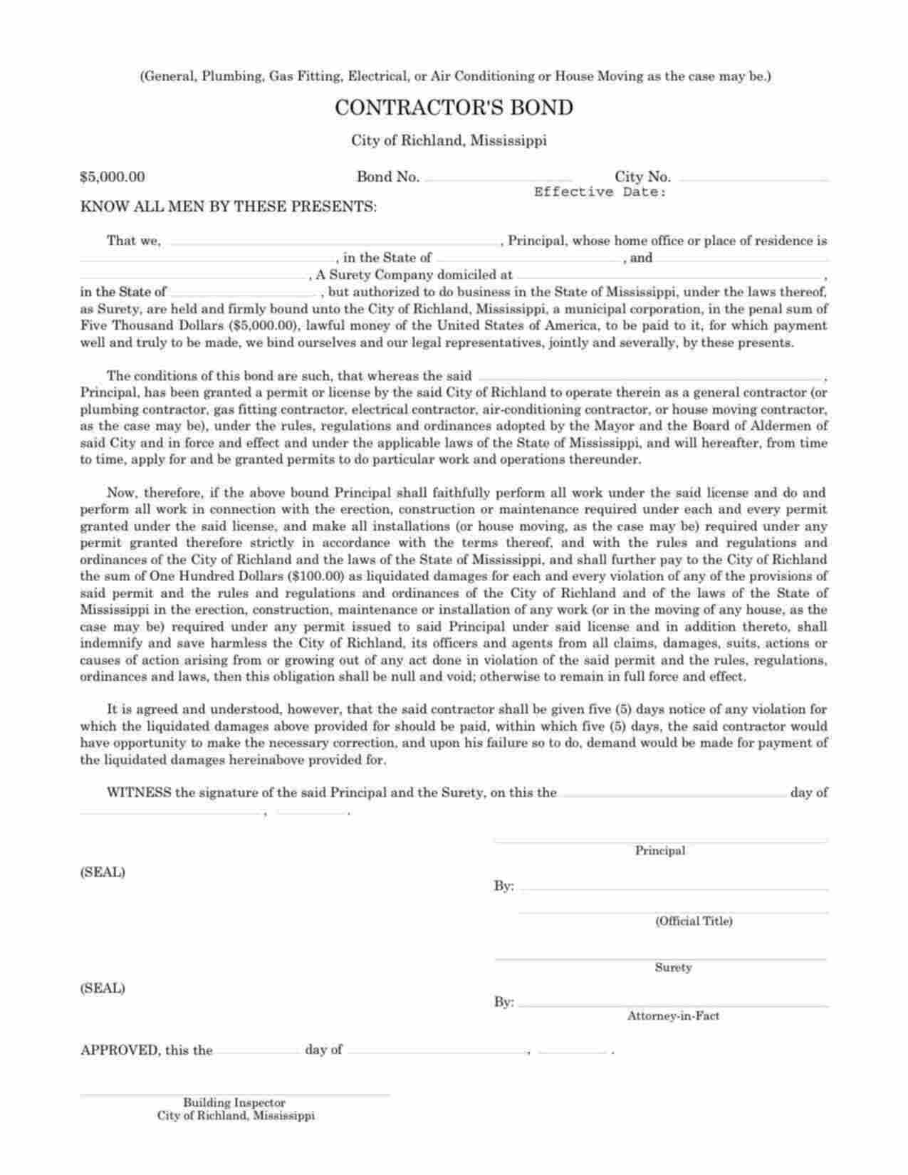 Mississippi Contractor's License Bond Form