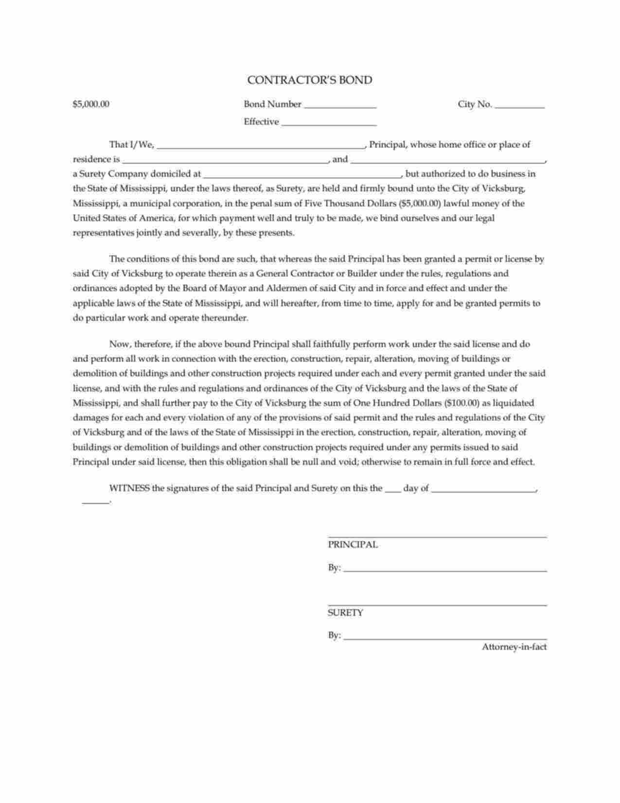 Mississippi General Contractor or Builder Bond Form