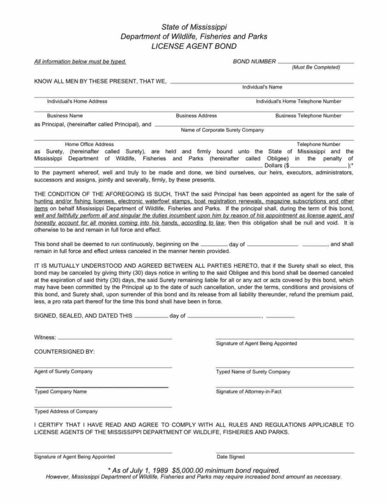 Mississippi Hunting/Fishing License Agent Bond Form