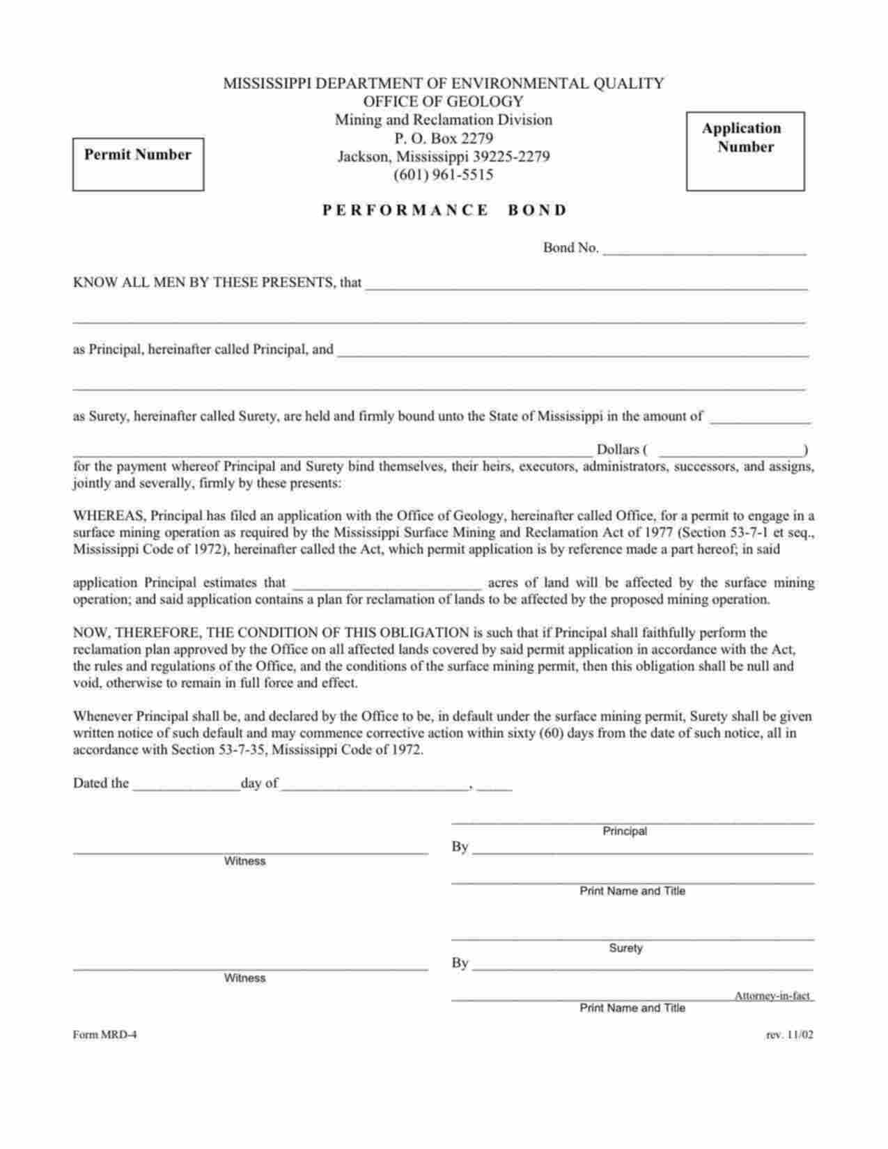 Mississippi Surface Mining Permit Bond Form