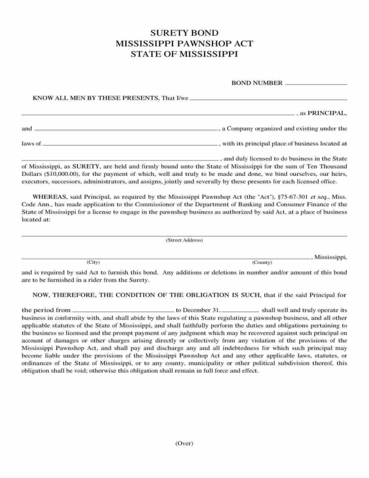 Mississippi Pawnshop Business Bond Form