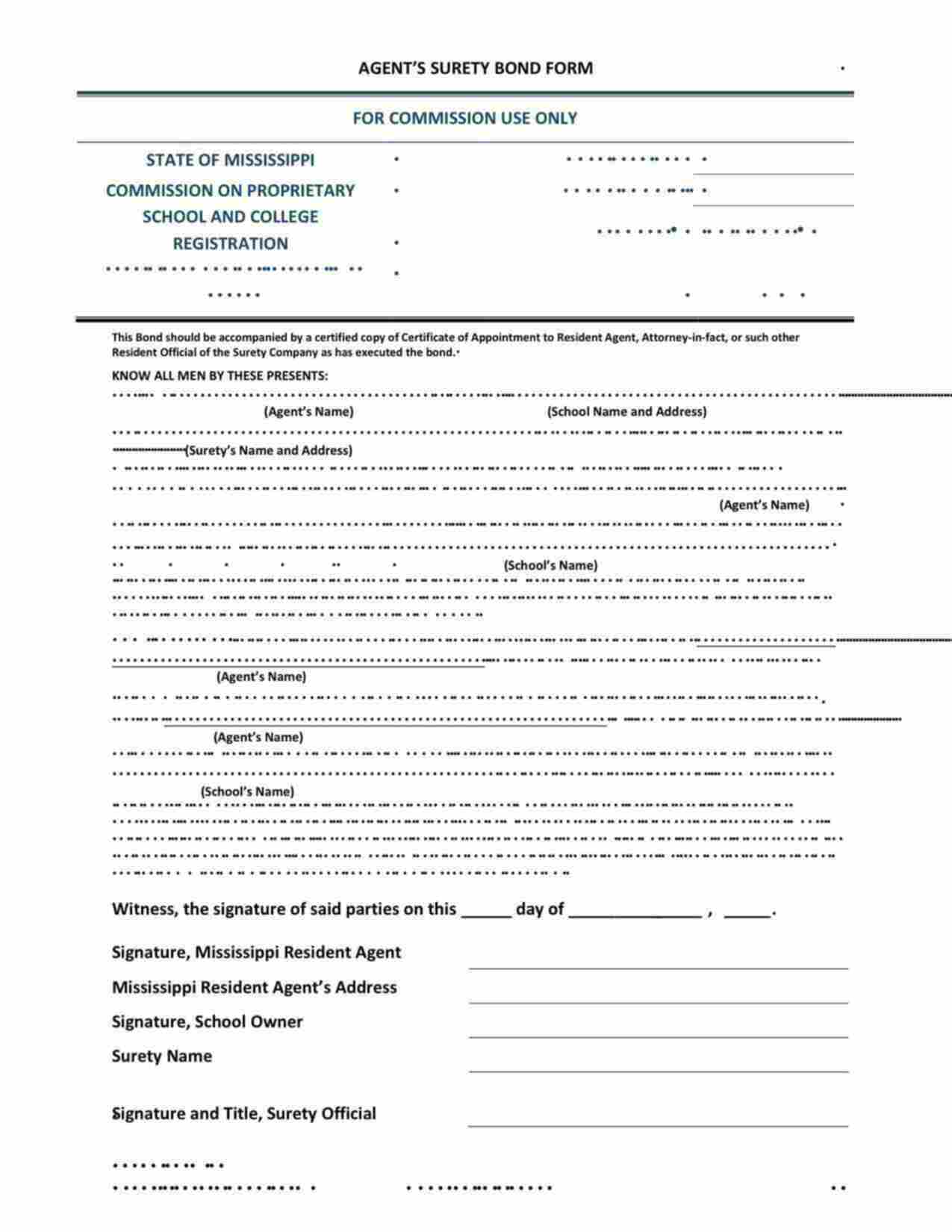 Mississippi Proprietary School Agent - Individual Bond Form