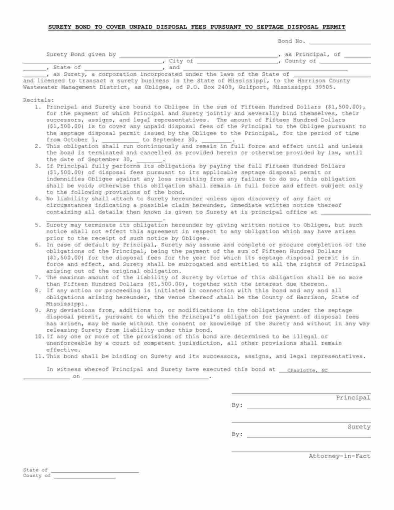 Mississippi Septage Disposal Permit Unpaid Disposal Fees Bond Form