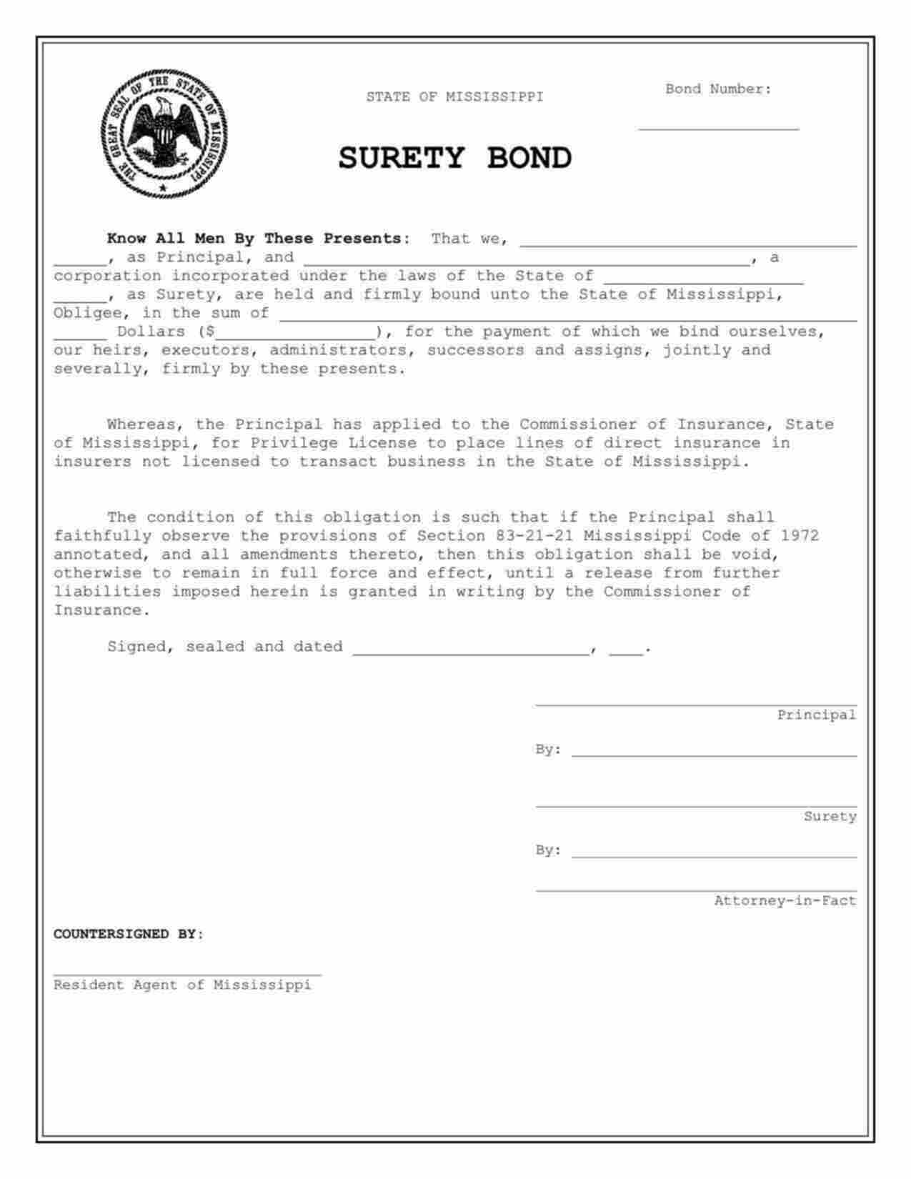 Mississippi Surplus Lines Agent Bond Form