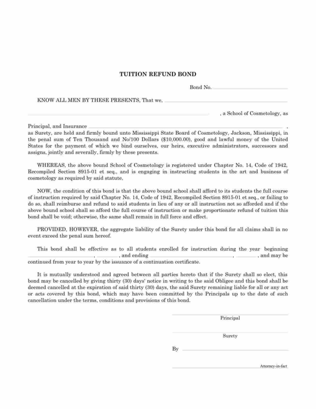 Mississippi Cosmetology School Tuition Refund Bond Form