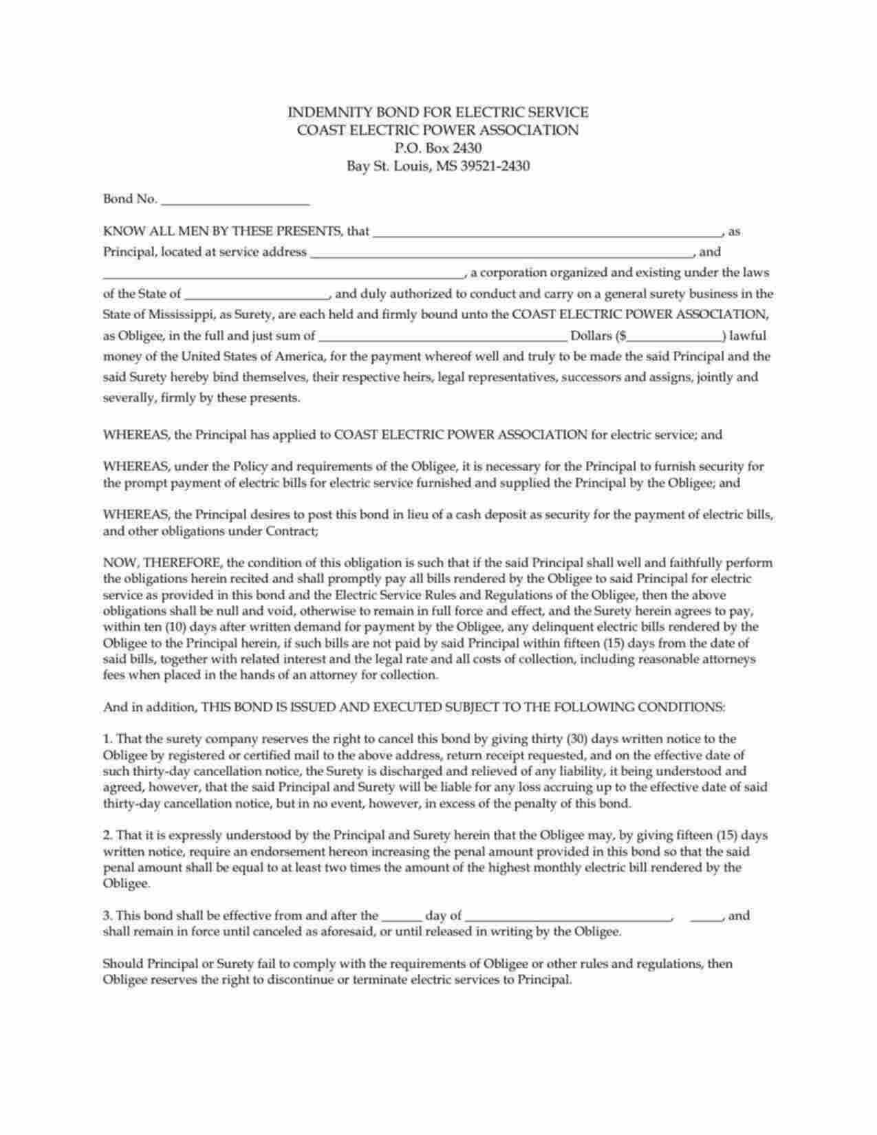 Mississippi Utility Deposit Bond Form