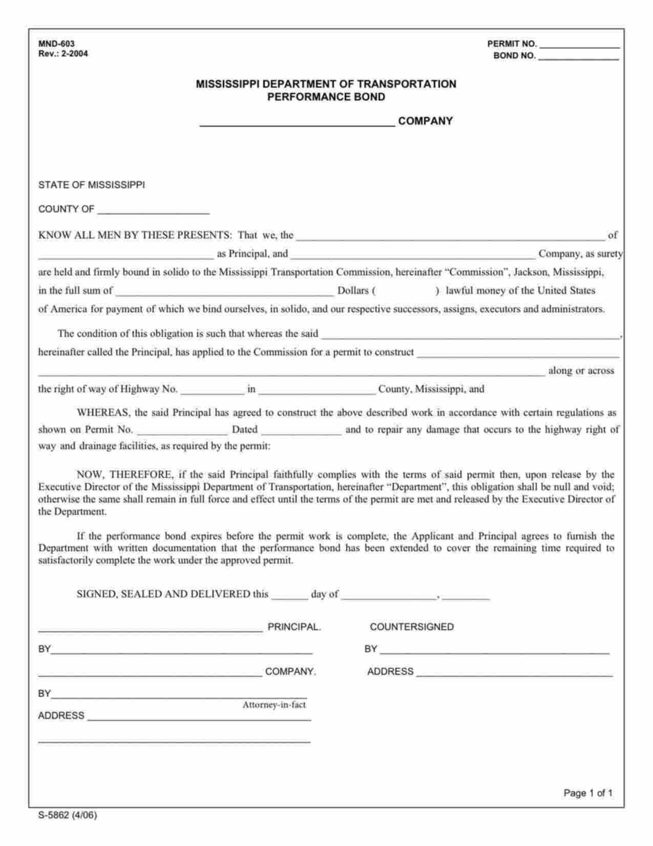Mississippi Right of Way Performance Bond Form