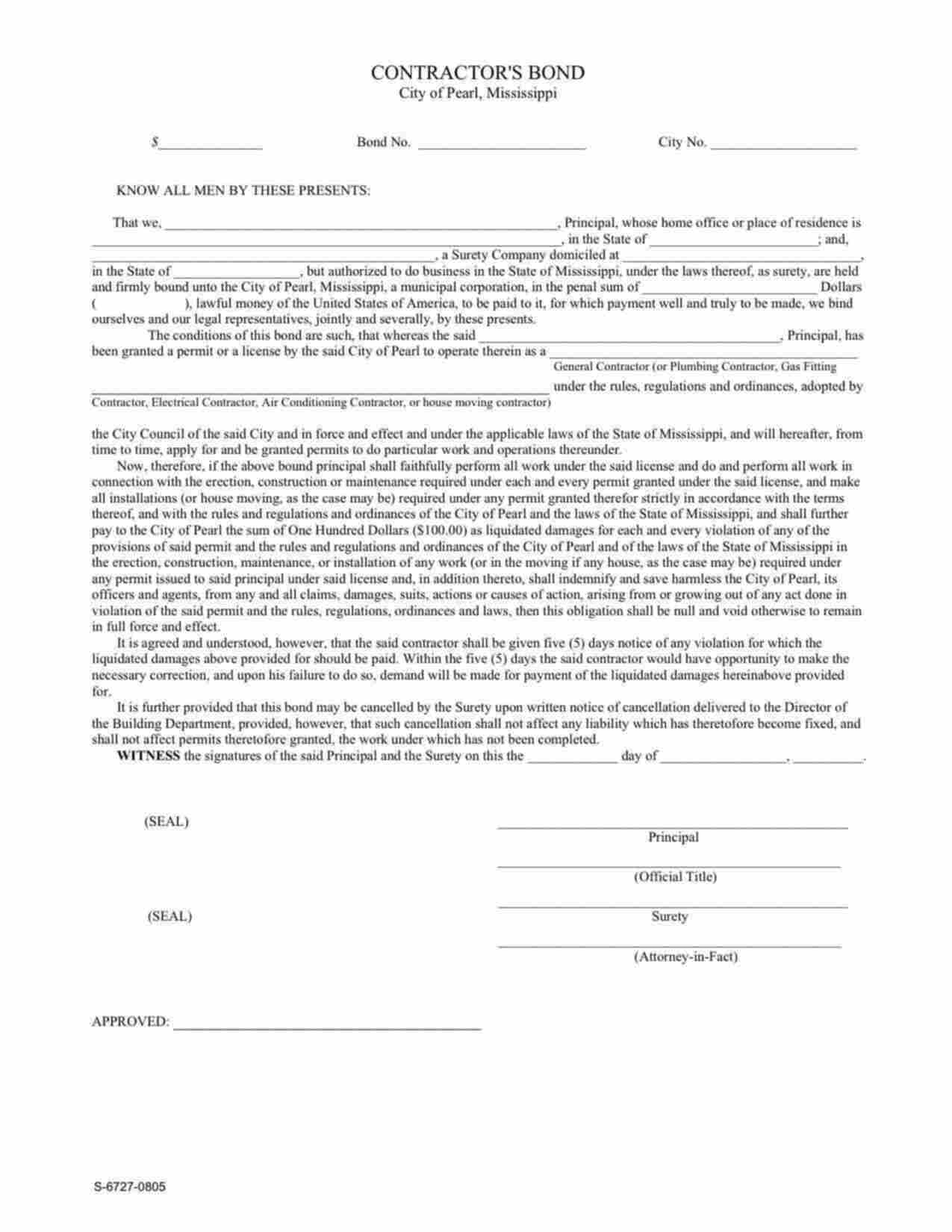 Mississippi Air Conditioning Contractor Bond Form