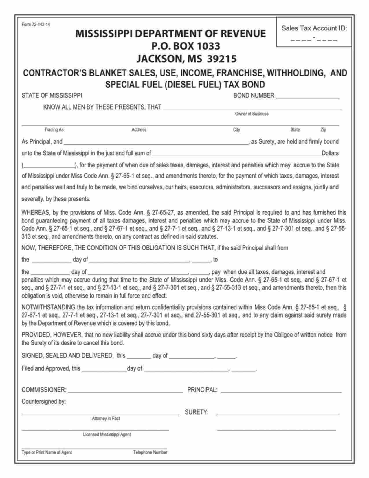 Mississippi Contractor's Sales, Use, Income, Franchise, Withholding, and Special Fuel Tax - Blanket Bond Form