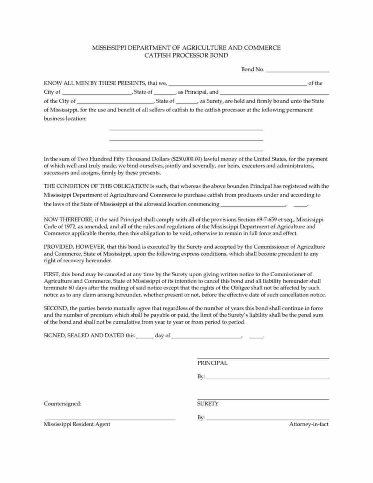 Mississippi Catfish Processor Bond Form