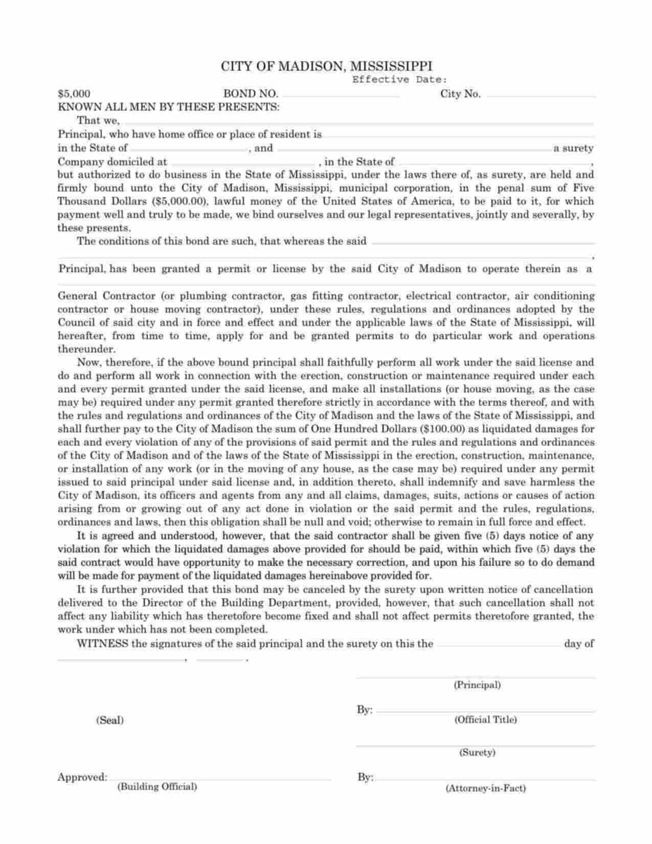 Mississippi Residential Remodel Contractor Bond Form