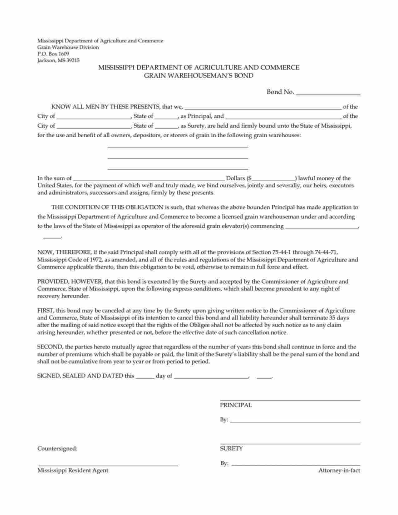 Mississippi Grain Warehouseman Bond Form