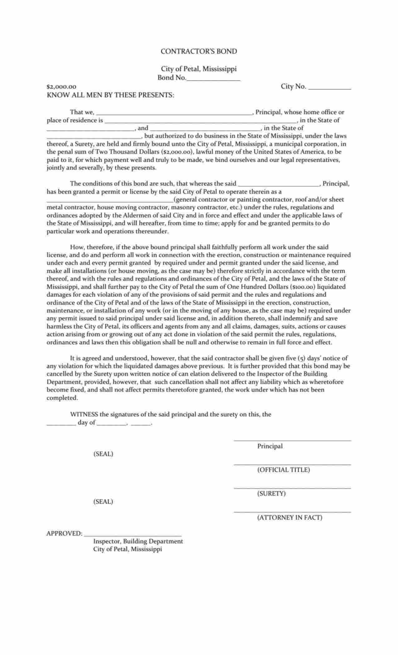 Mississippi House Moving Contractor Bond Form