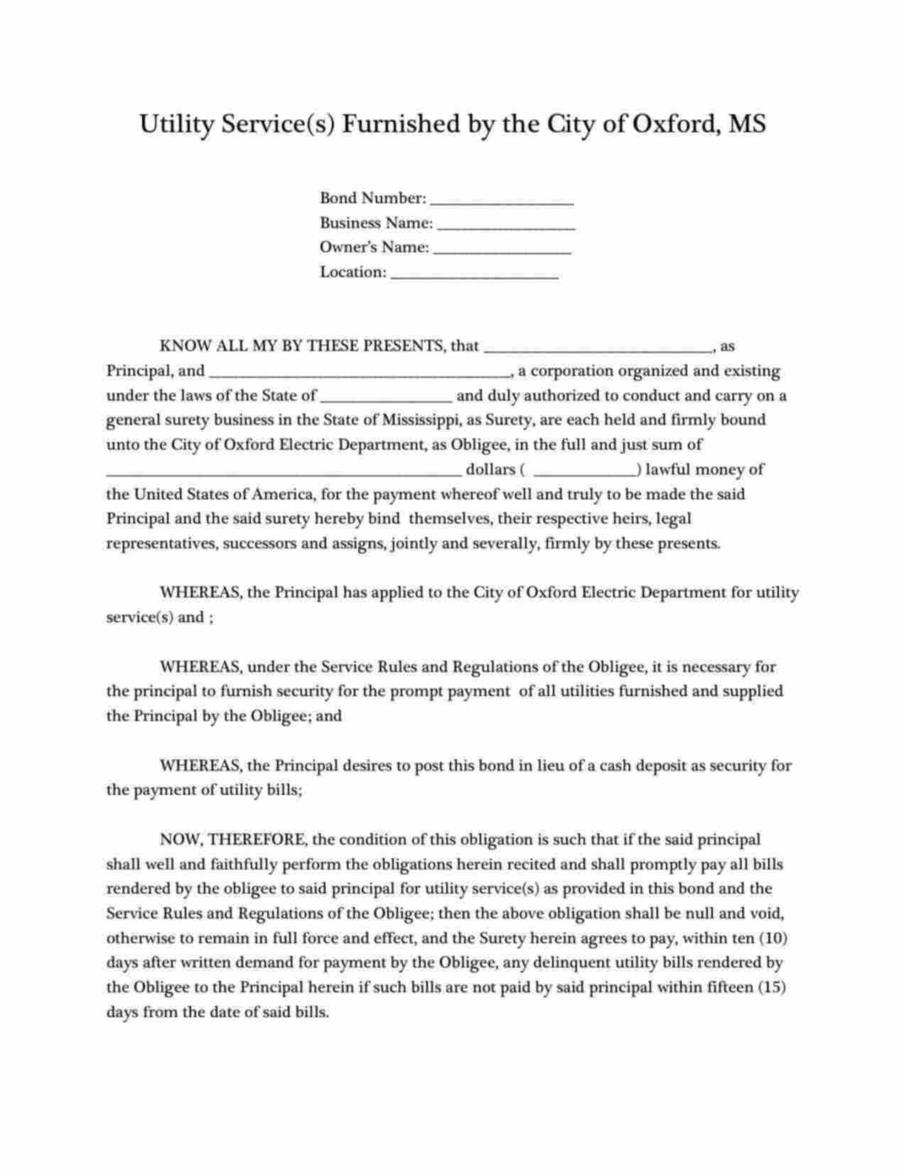 Mississippi Utility Deposit Bond Form