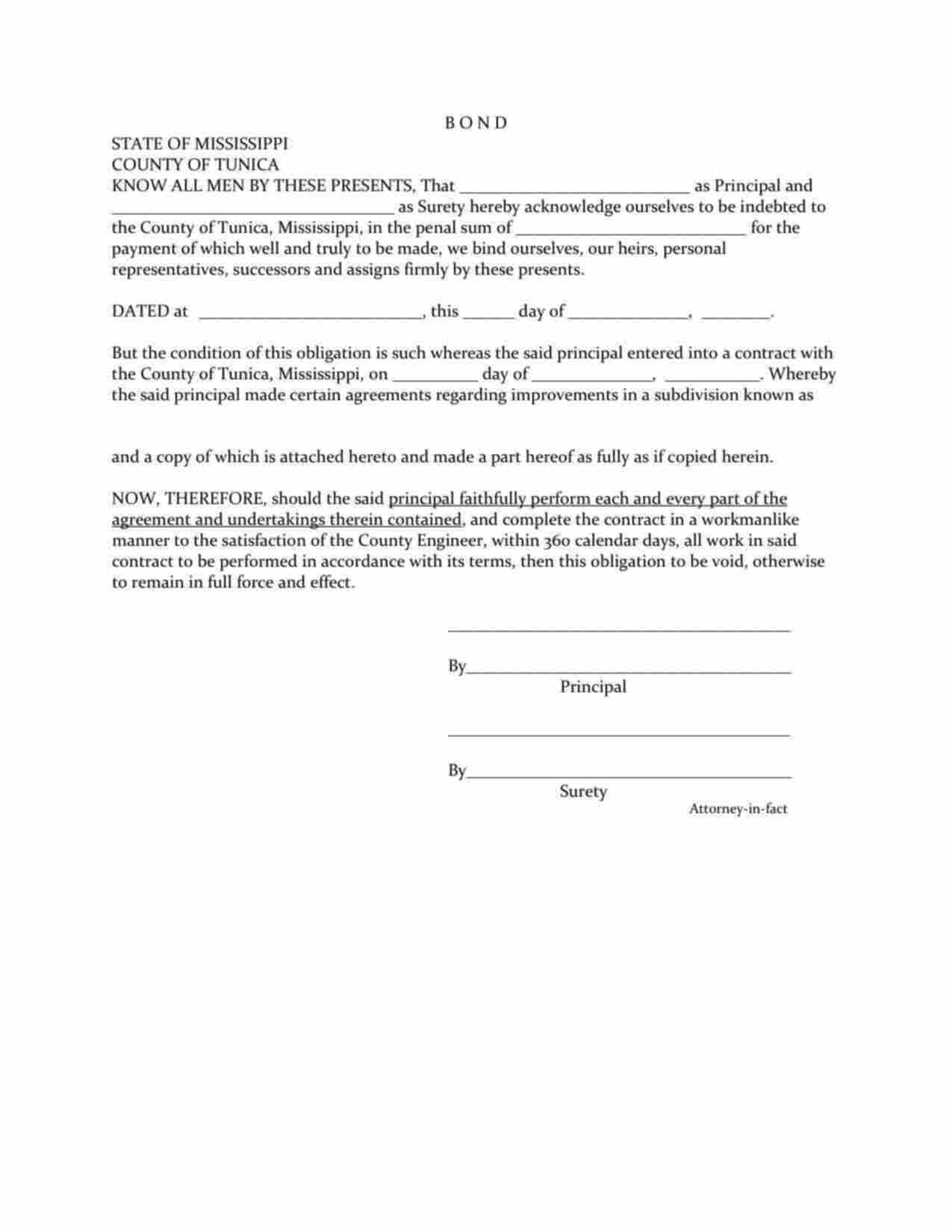 Mississippi Subdivision Performance Bond Form