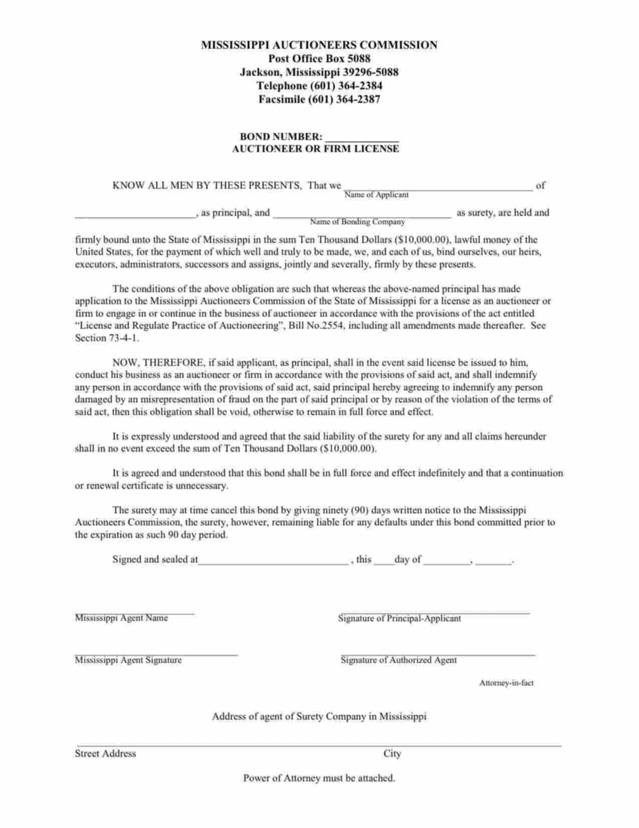 Mississippi Auctioneer or Firm License Bond Form