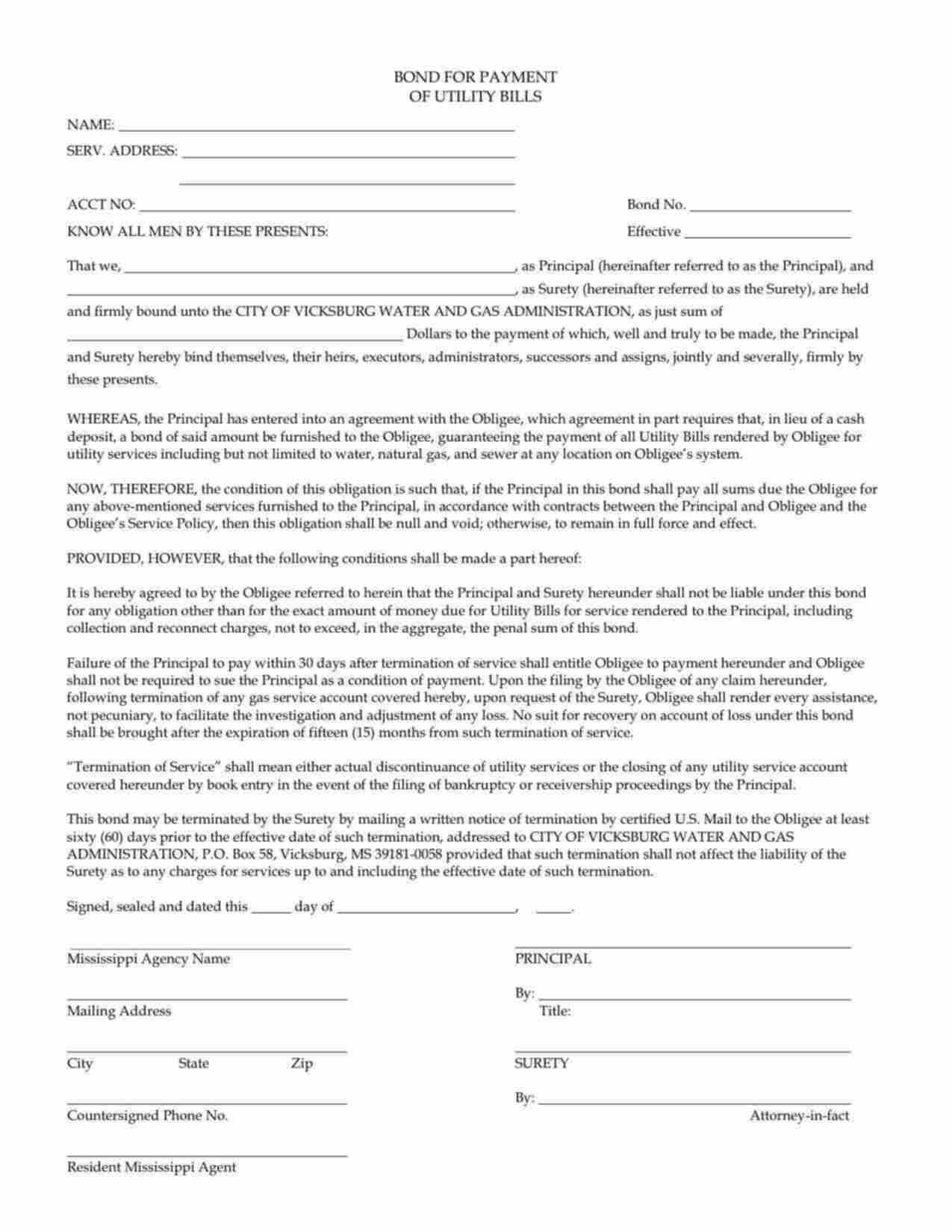 Mississippi Utility Deposit Bond Form