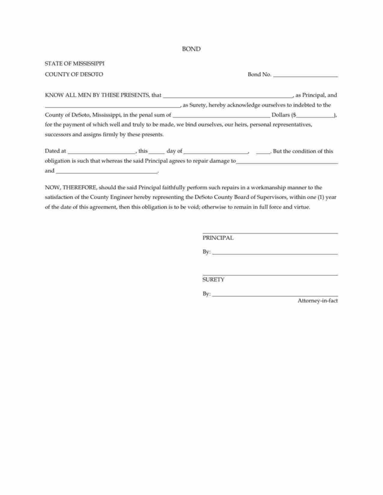 Mississippi Highway Damage Repair Bond Form