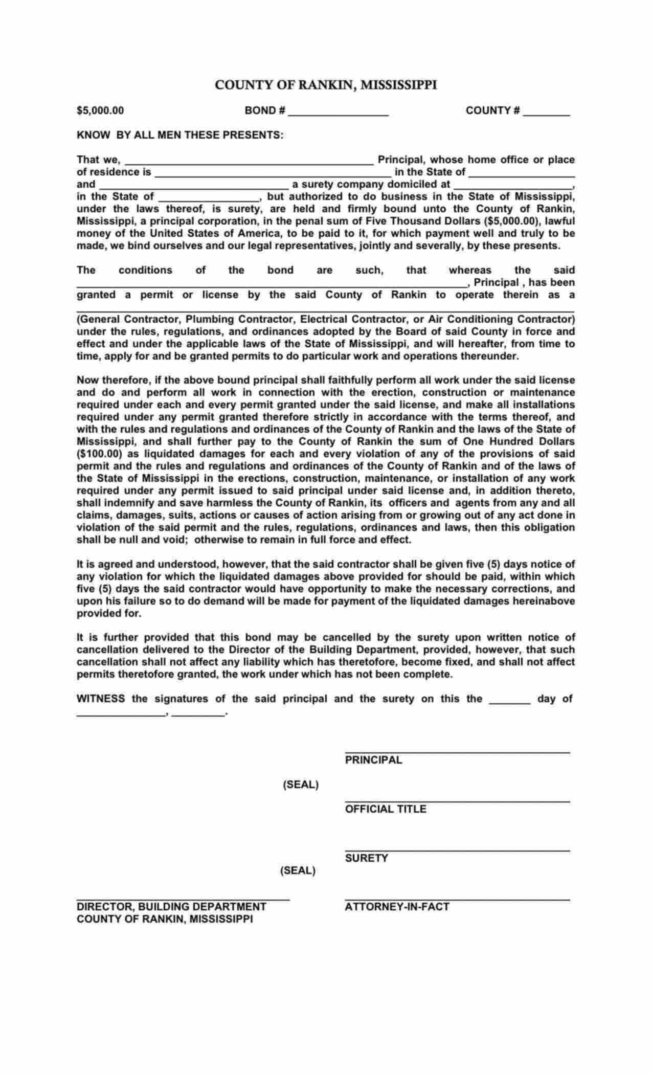 Mississippi Air Conditioning Contractor Bond Form