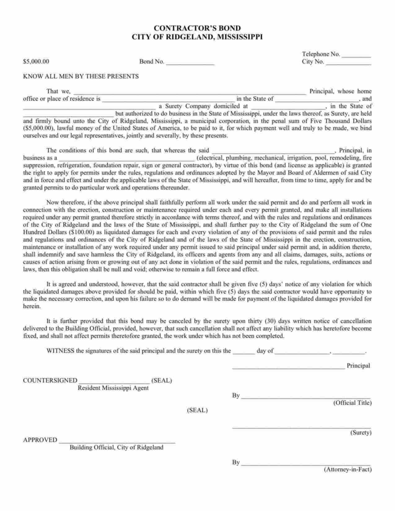 Mississippi Remodeling Contractor Bond Form