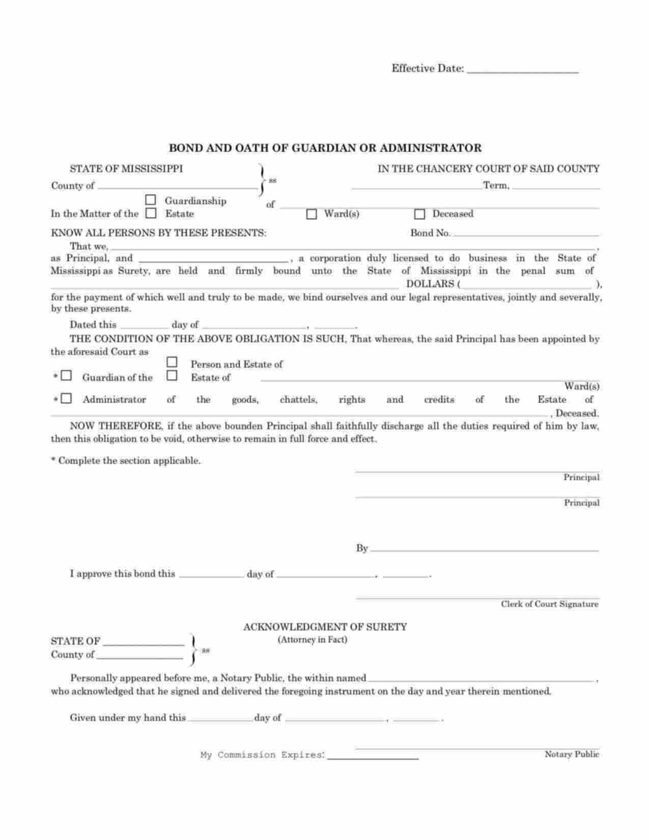 Mississippi Administrator/Executor Bond Form