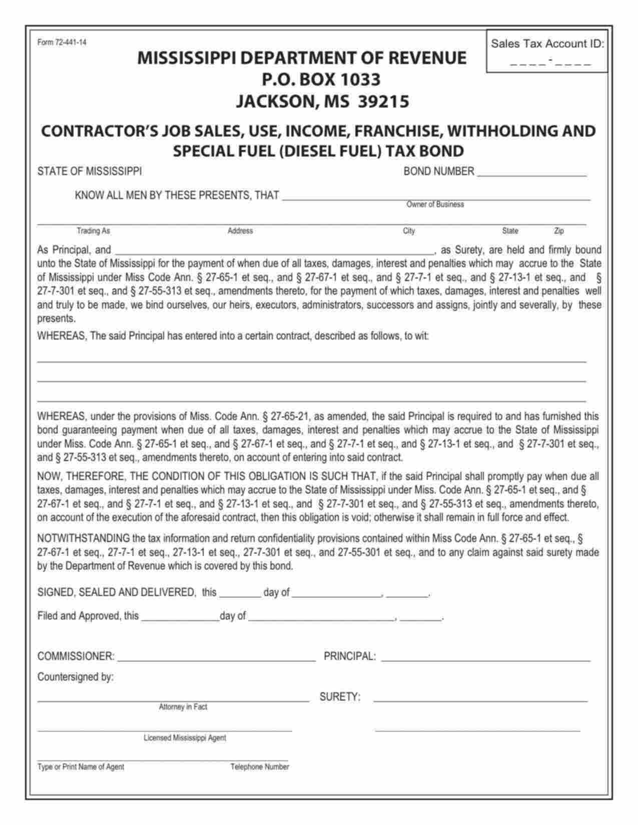 Mississippi Contractor's Sales, Use, Income, Franchise, Withholding, and Special Fuel Tax - Single Job Bond Form