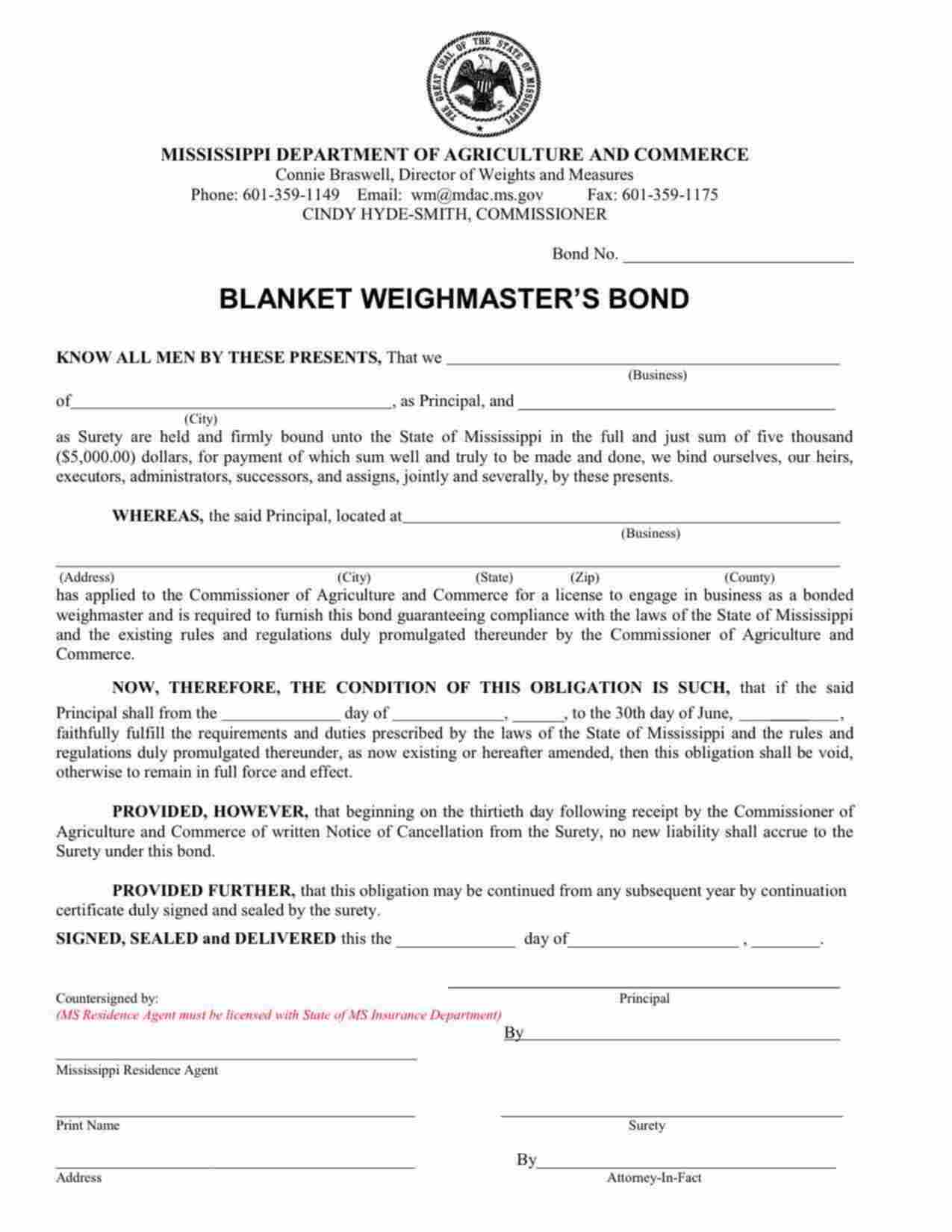 Mississippi Blanket Weighmaster Bond Form