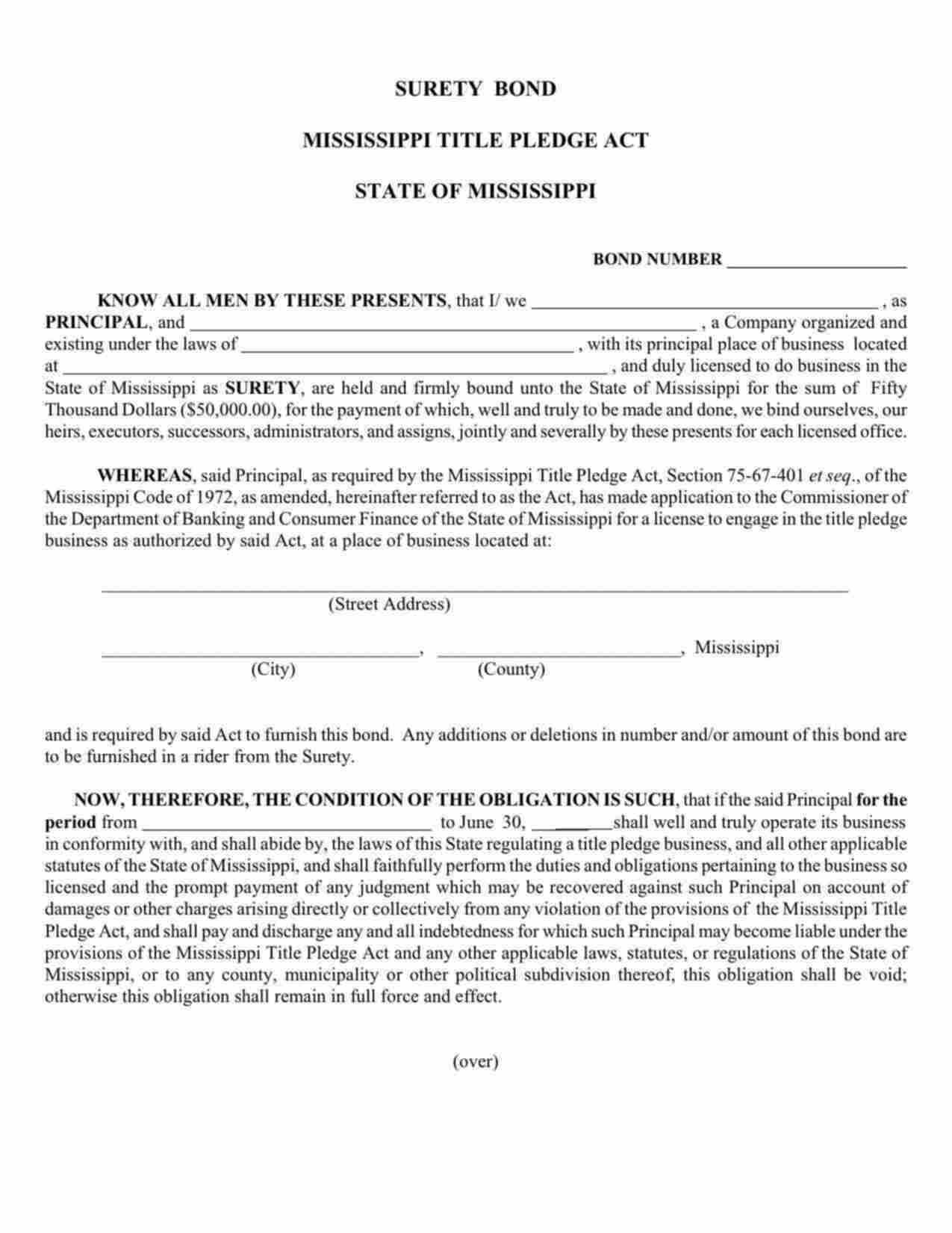 Mississippi Title Pledge Act Bond Form