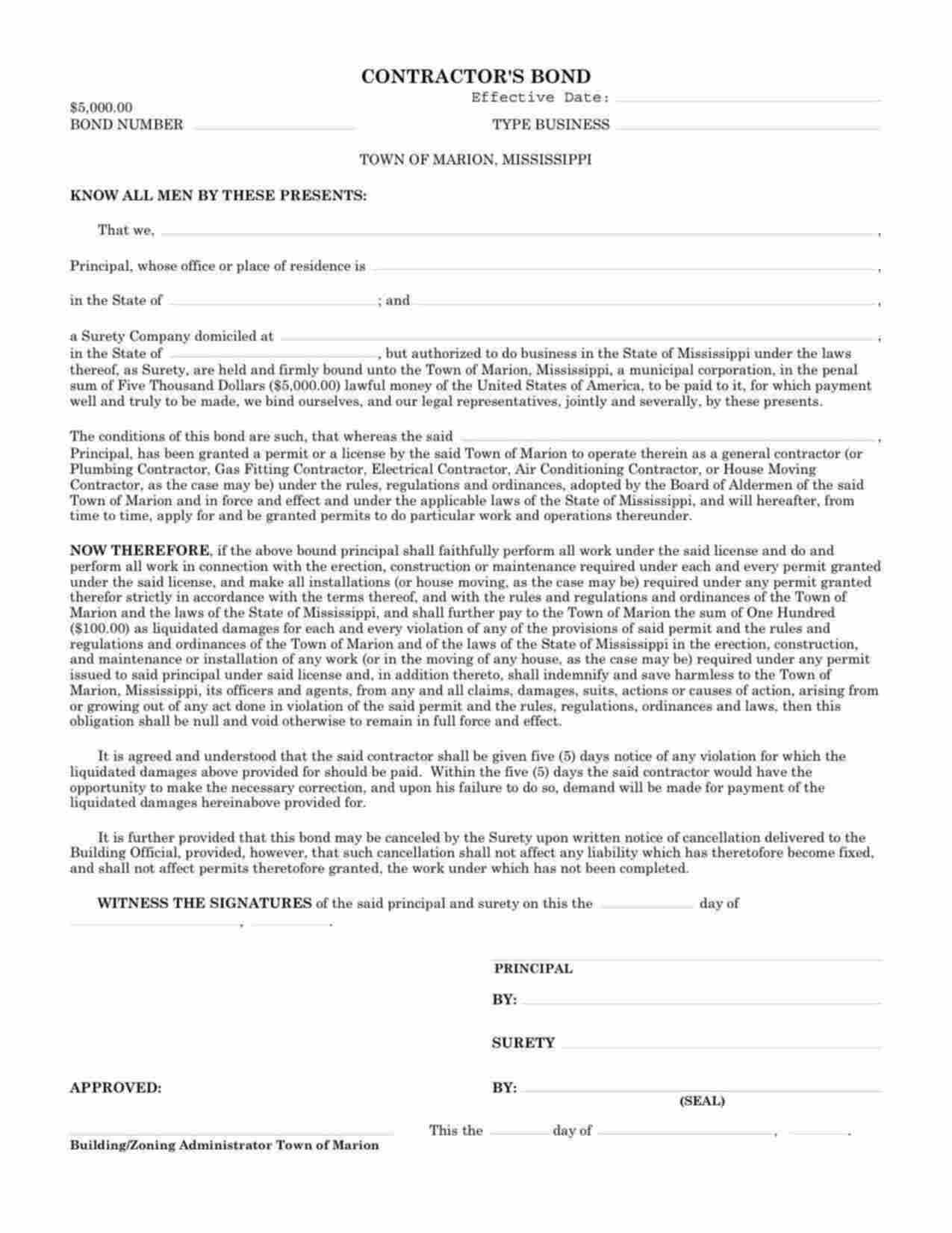 Mississippi Air Conditioning Contractor Bond Form