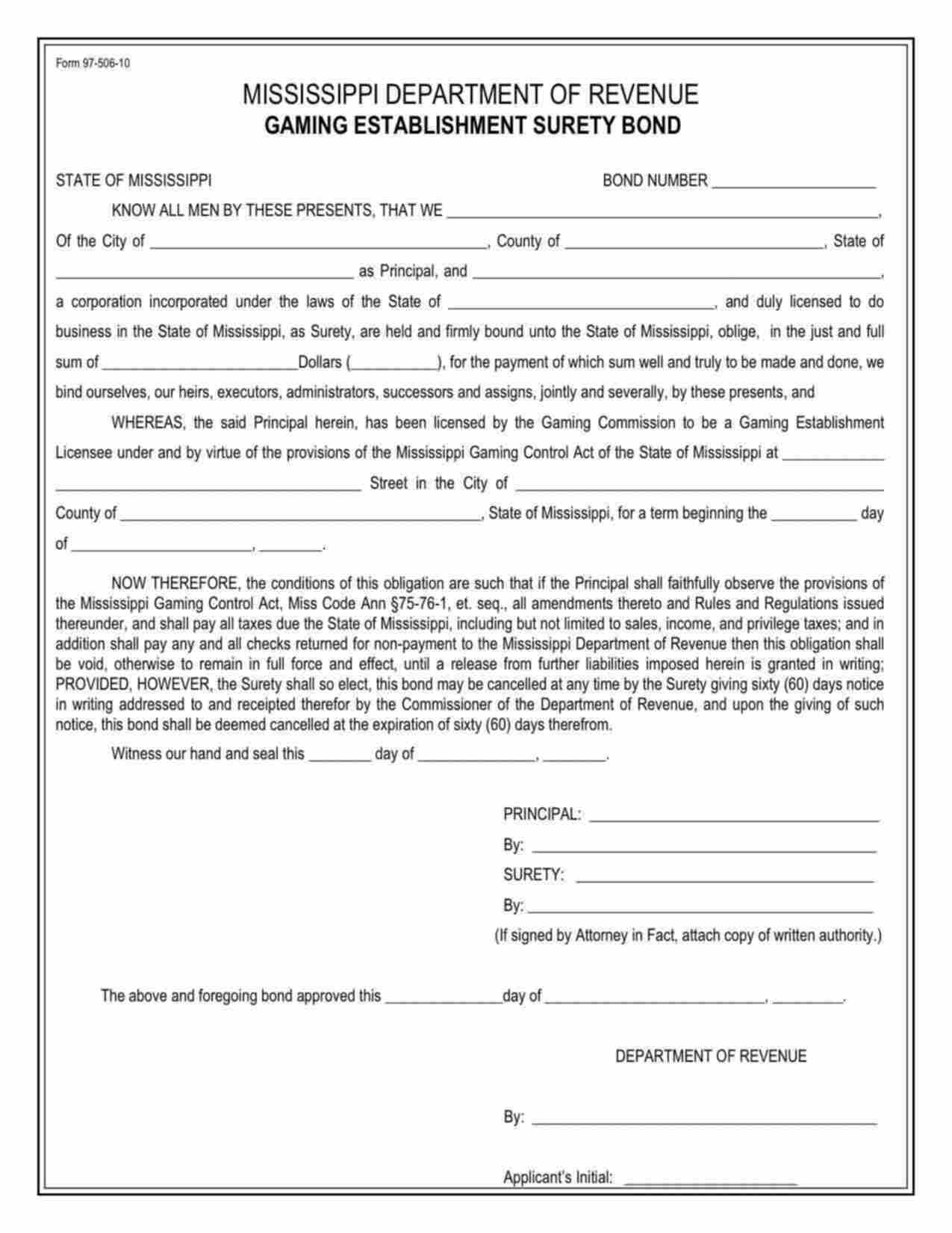 Mississippi Gaming Establishment Bond Form