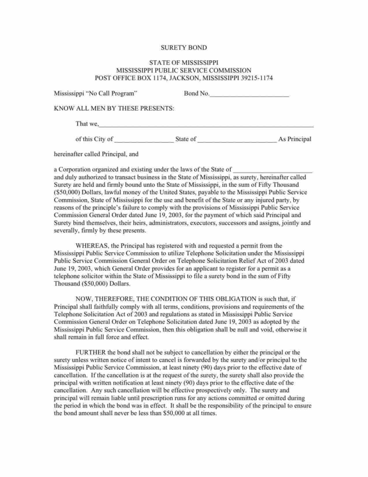 Mississippi Telephone Solicitor Bond Form