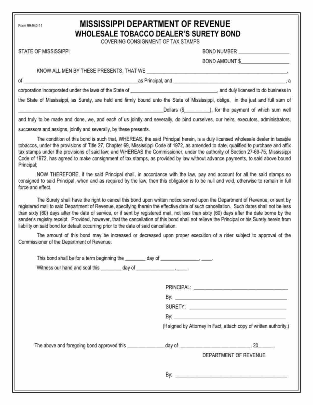 Mississippi Wholesale Tobacco Dealer Bond Form