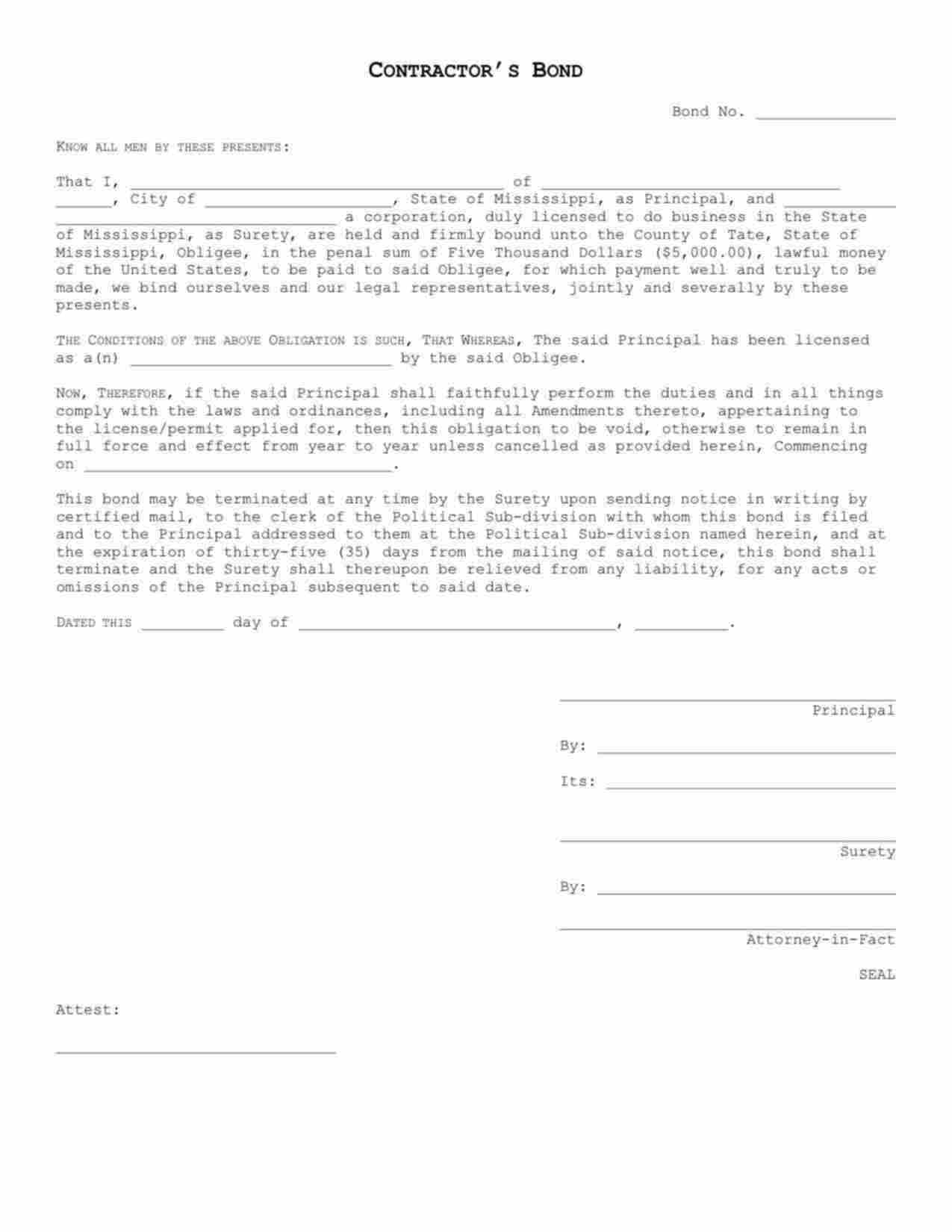 Mississippi License/Permit Bond Form