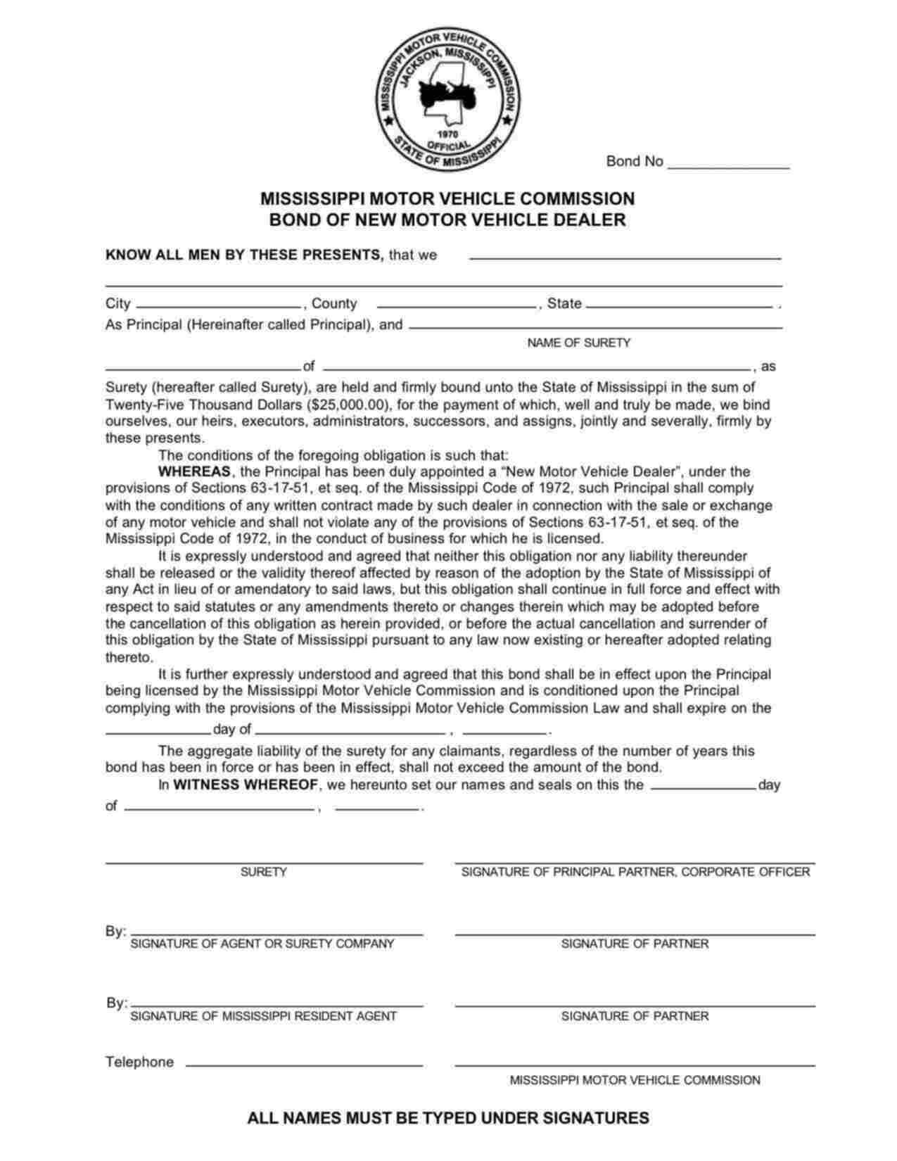 Mississippi New Motor Vehicle Dealer (Franchise) Bond Form