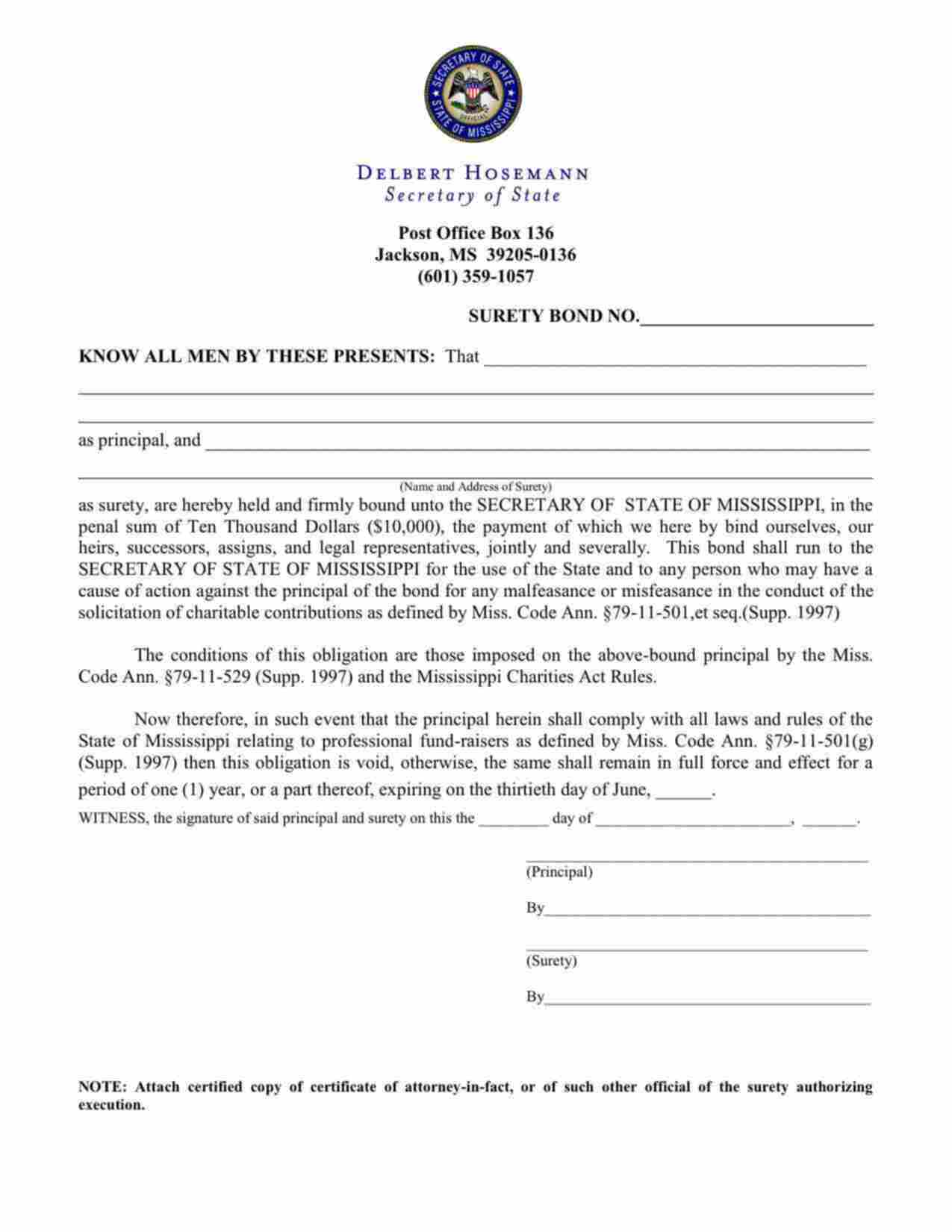 Mississippi Professional Fundraiser Bond Form