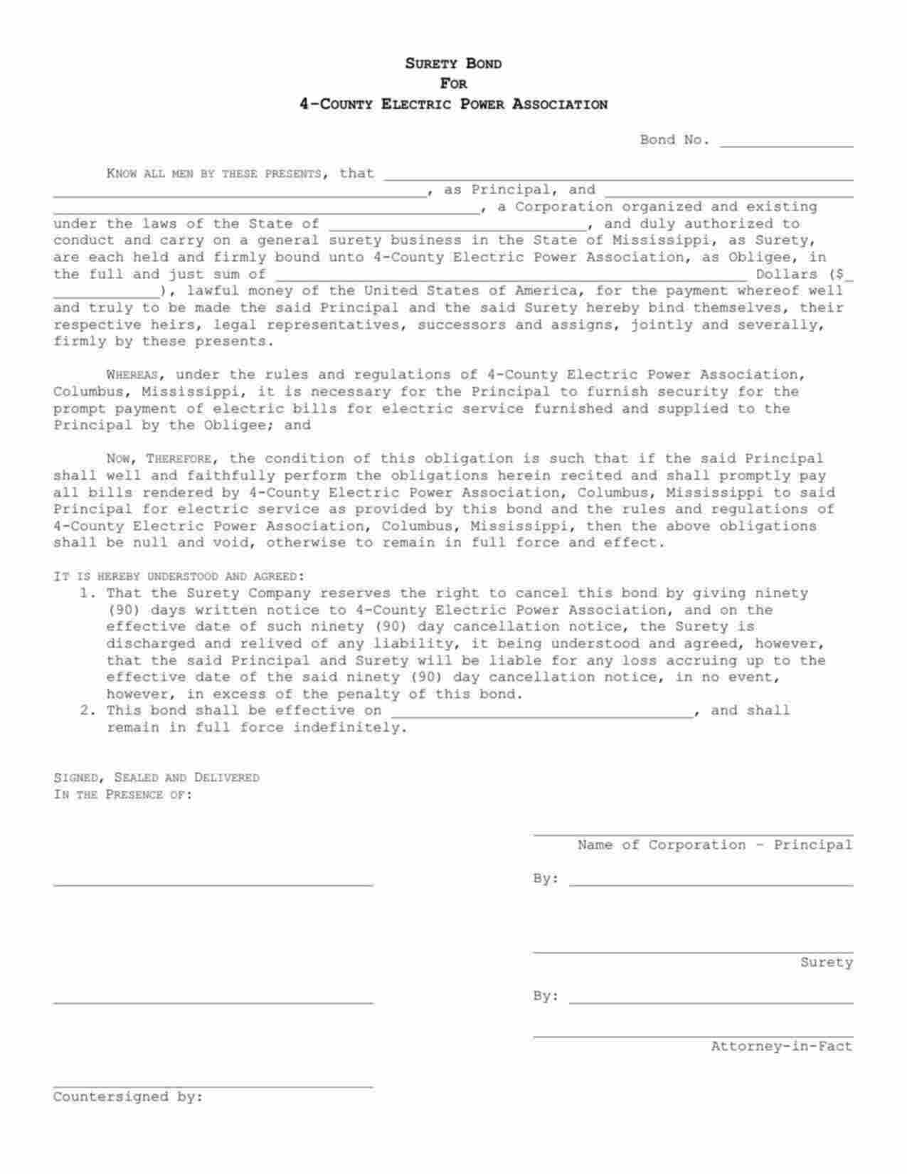 Mississippi Utility Deposit Bond Form